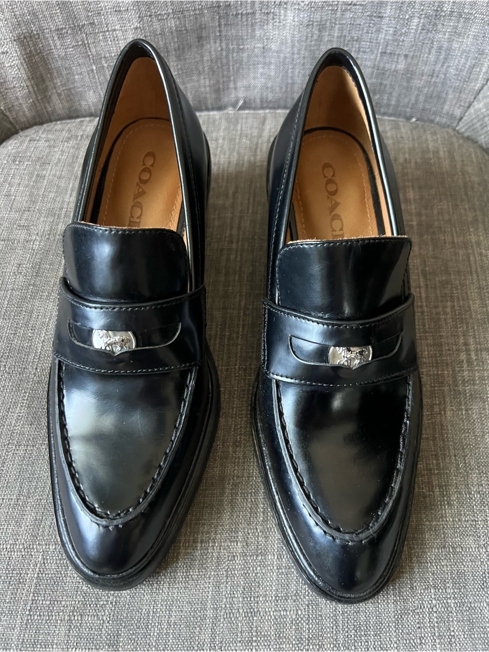 Coach Black Heath Leather Penny Loafers with Silver Accent